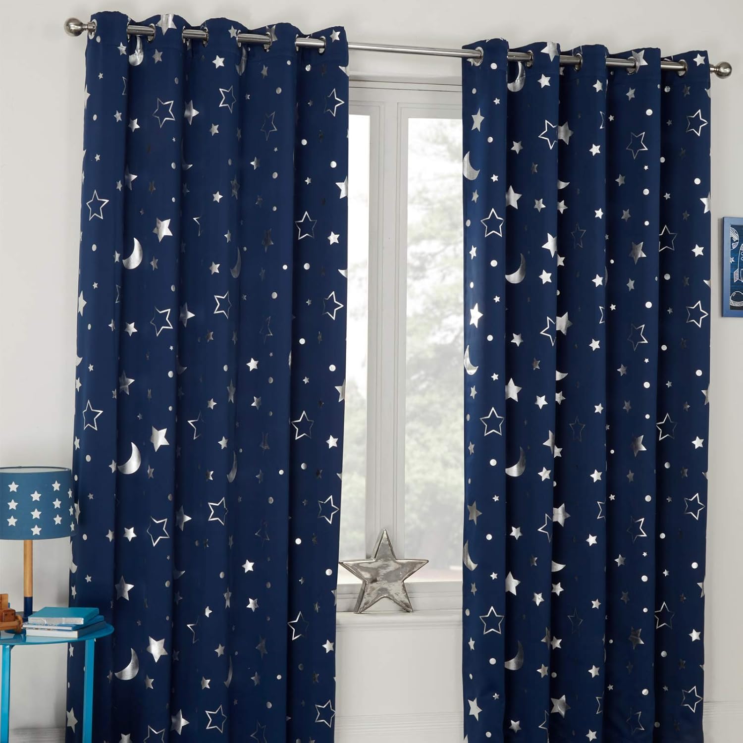 Kids Childrens Stars Thermal Blackout Curtains Boys Blue 53" x 72"