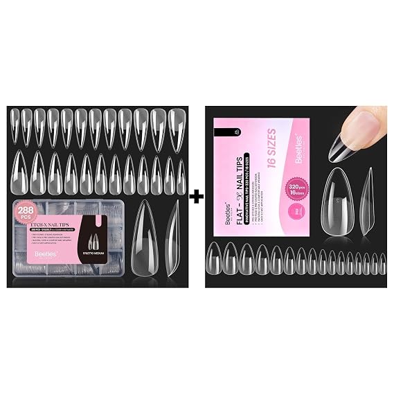 Beetles Gel Nail Tips Etch-X, Stiletto Medium, 288Pcs 12 Sizes, Pre-Etched Half Matte with Gel Nail Tips Flat-X - Almond Medium, 320pcs 16 Sizes, Pre-Etched Half Matte