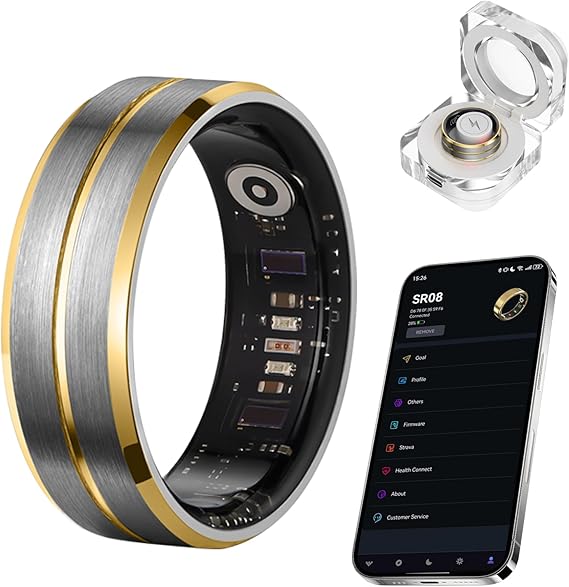 Smart Ring for Women Men, Tungsten Steel Fitness Tracker Ring with Sleep Monitoring, Heart Rate, Step Counting, IP68 Waterproof for iPhone and Android, No Subscription Fee (Black-Gold,#10)