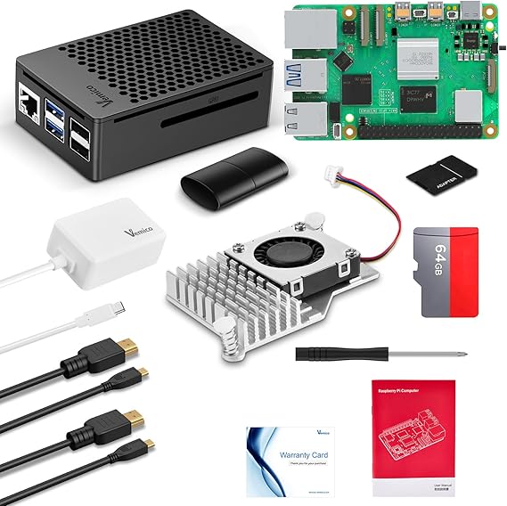 Vemico Raspberry Pi 5 16GB Starter Kit with Pi 5 16GB Single Board, 27W GaN Power Supply, Active Cooler, 64GB SD Card, ABS Case, Card Reader&4K Micro HD Out Cables
