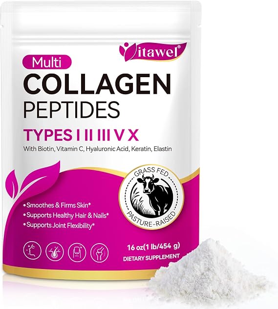 Multi Collagen Peptides Powder – Types I, II, III, V & X – With Biotin, Vitamin C, Hyaluronic Acid, Keratin, Elastin, Unflavoured – Grass-Fed, Pasture-Raised – Supports Skin, Hair, Nails, Joint Health
