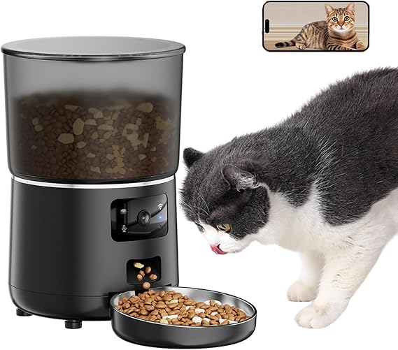 4L Automatic Cat Feeder with Camera, Wifi Automatic Dog Food Dispenser, Auto Cat Feeder with Stainless Steel Bowl, Timer Programmable, HD Camera for Voice And Video Recording,Black