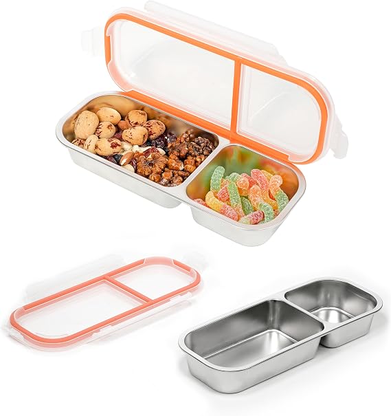 REDANT Reusable Snack Containers with Lids, Stainless Steel 2 / Double Compartment Snack Box Container, Divided Food Storage Bowls with Lids for Travel, Condiments & Meal Prep (Yellow, 1-Pack)