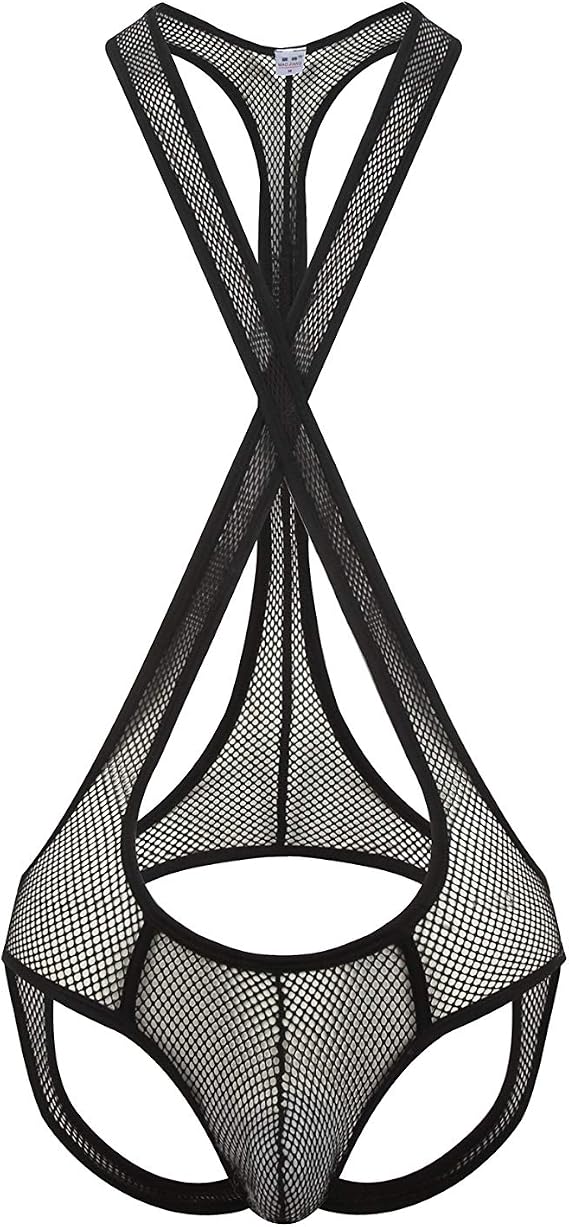 Men Hollow Fishnet Mankini Wrestling Singlet Jockstrap Bodysuit