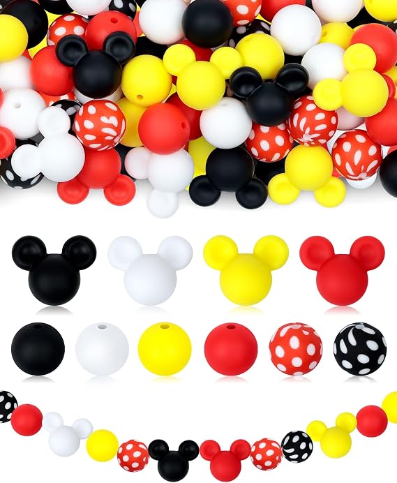 FIVEIZERO 76PCS Mouse Silicone Beads Kit | Mouse Ears & Round Beads, 4 Colors, Safe, Washable, Durable, For Keychains, Pens, Lanyards, Jewelry, Kids DIY Crafts