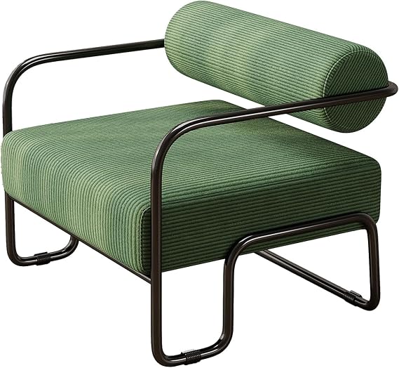 MIRASON Modern Accent Chair Metal Frame Chair Unique Upholstered Armchair with Cylindrical Backrest and Corduroy Fabric for Living Room,Bedroom,Office and Balcony, Green