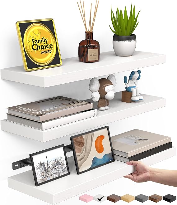 BAYKA White Floating Shelves 15.7in, Set of 3, Wall Mounted for Wall Decor