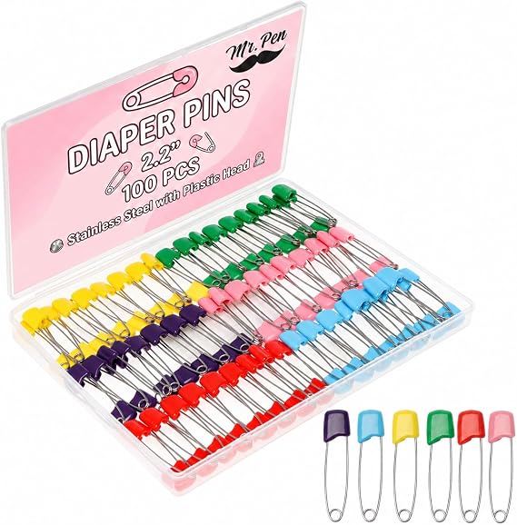 Mr. Pen- Diaper Pins, 2.2", 100 pcs, Stainless Steel, Plastic Head
