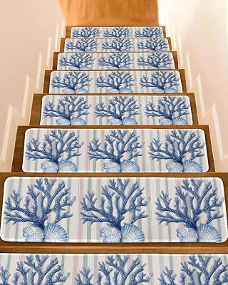 Non Slip Indoor Stair Treads for Wooden Steps, Navy Blue Coral 15 Pcs Stair Mats for Kids Elders Dogs, Coastal Shell Summer Beach Stripe Carpet Treads Runner Rugs for Staircase, 8 x 30 Inches