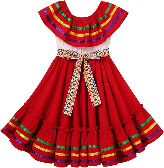 IKADEX Girls Traditional Mexican Dress Off Shoulder Striped Cinco de Mayo Party Dresses with Belt