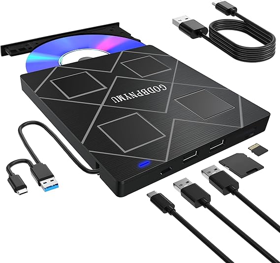 5-in-1 Extemal CD/DVD Drive for Laptop,USB 3.0 & Type-C Portable CD/DvD Rw Burner with SD/TF Card Reader &DVD-ROM Rewritable Player,Compatible with Laptop Pc Desktop, Windows11/10/8/7 Linux Mac os