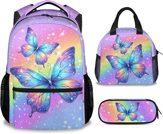 Bookbag for Girls, 3Pcs Butterfly Backpacks Set, Kids School Bag for Kindergarten/Elementary/Preschool, 17" Toddler Bookbag with Lunch Box Pencil Case