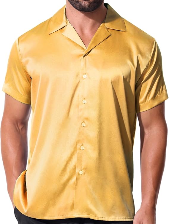 fohemr Mens Satin Shiny Cuban Shirts Luxury Short Sleeve Dress Button Down Stylish Solid Party Summer Business Shirt