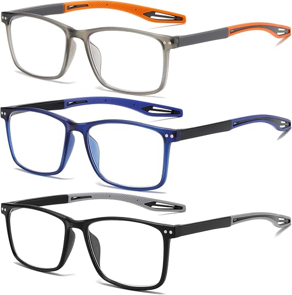 3 Pack Reading Glasses for Men Sporty Style Blue Light Blocking Square Frames Lightweight Comfortable Readers