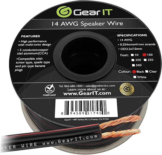 Speaker Wire , 14-Gauge Speaker Wire, GearIT 14AWG 100 Feet  30.48 Meters Outdoor Installation High Quality Speaker Wire, Black