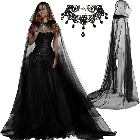 Suhine Halloween Ghost Costume Set Witch Cape Haunted, 70.9 Inch, Black