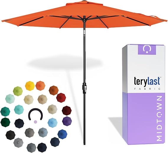 The Swilt 9 Feet Outdoor Umbrella With Terylast Tangerine (Bright Orange) Polyester Fabric - Fiberglass Ribs, Auto-Tilt And Swivel Aluminum Frame Patio Umbrella For Deck, Garden, Pool - Black Pole