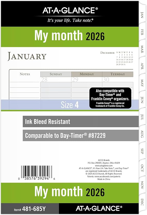 AT-A-GLANCE 2026 Planner Refill, Monthly, 5-1/2" x 8-1/2", Desk Size 4, Loose-Leaf, Ruled Blocks (481-685Y-26)