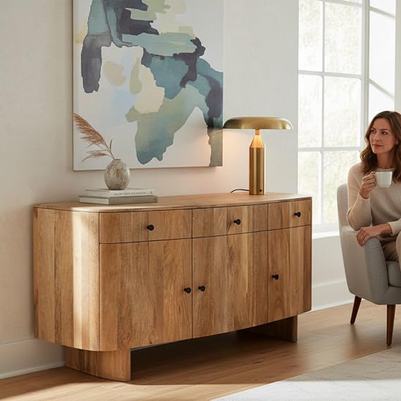 Solid Mango Wood Sindhu Sideboard with 3 Doors and 3 Drawers, Light Natural Finish, Rectangular Storage Cabinet for Living Room, Curved Legs, 150cm wide x 45cm deep x 75cm Tall