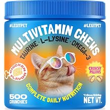 LEGITPET Cat Multivitamin Crunchy Treats Daily Vitamins for Cats with Taurine, Omega 3 & L-Lysine Immune, Skin & Coat, Heart & Brain Support Chicken Flavor, 500 Crunchy Pillows
