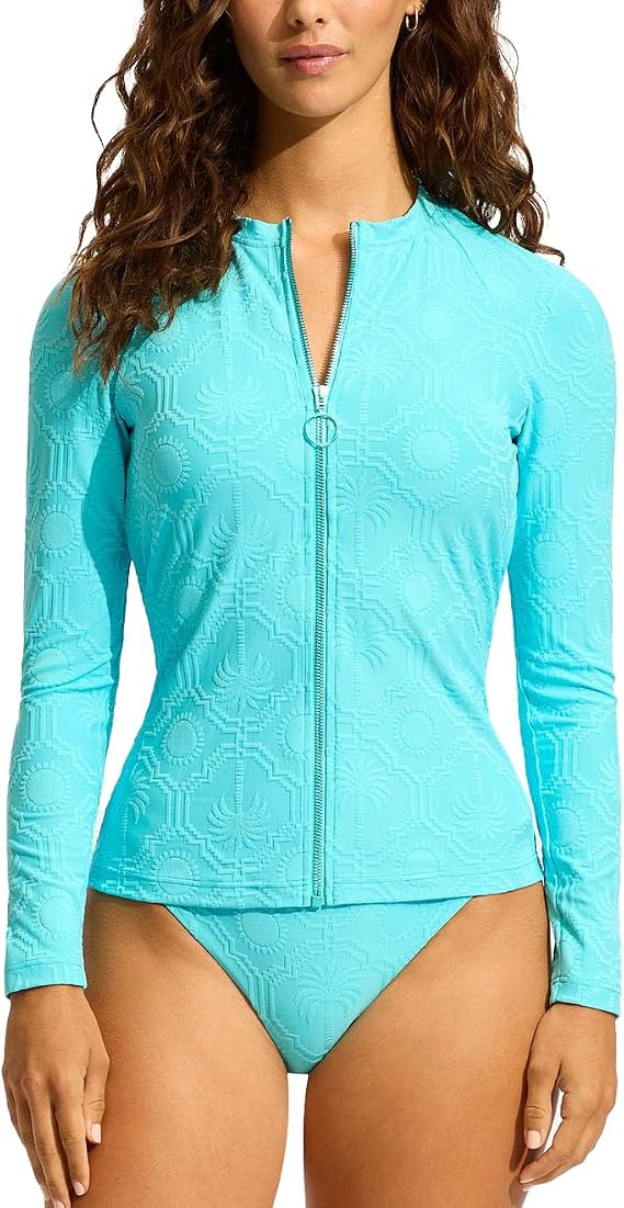 Seafolly Womens Long Sleeve Zip Front Rashguard with Removable Cups