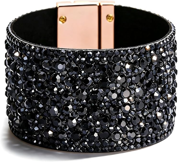 Long tiantian Black Rhinestone Leather Cuff Bracelet Statement Jewelry | Faceted accents cover the wide band with a metal closure for birthday parties proms and evening outfits