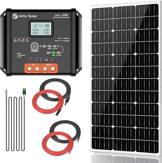 100 Watt 12 Volt Solar Panel Kit with 100W 12V High Efficiency Monocrystalline Solar Panel, 20A MPPT Charge Controller, Extension Cable for RV Camper Boat Trailer Vehicle Off Grid System