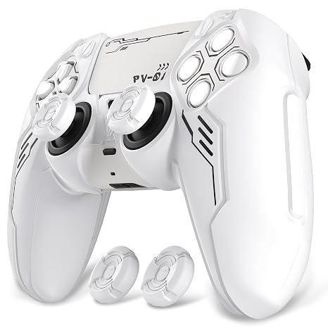 PlayVital Mecha Edition Silicone Cover Compatible with ps5 Controller with 2 Joystick Caps and 6 Stickers, Shockproof Non-Slip Grip Protector Accessories, Fits for ps5 Charging Station - White