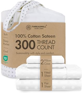 Threadmill Cotton Queen Sheet Set - 100% Cotton Damask Jacquard Sheets With 16" Deep Pocket - Soft Sateen Weave 4-Piece Cooling Bedding for Queen Size Bed - White