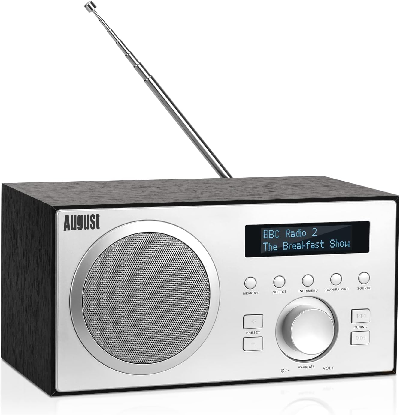 August MB420B DABDABFM Radio with Bluetooth Speaker – Digital Radio with 60 Presets, RDS, Dual Alarm Clock with Snooze & Sleep Timer, 5W Subwoofer, USB Playback, Aux Input, Mains Powered – Black