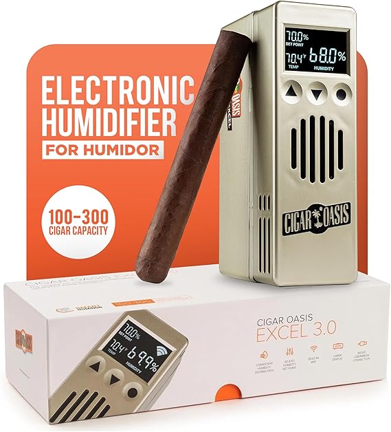 Cigar Oasis Excel 3.0 Cigar Humidor Humidifier -Electric Humidor Humidifier w/ LCD Display, Soft-Touch Buttons, Sensor-Controlled Fan, 100-300 Cigars