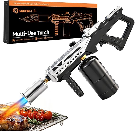 Sakerplus Propane Torch, 3272F High Power Torch Gun with Adjustable Flame & Safety Lock, Heavy Duty Blow Torch for BBQ, Sous Vide, Steak Searing, Campfire & Charcoal Starter (Tank Not Included)