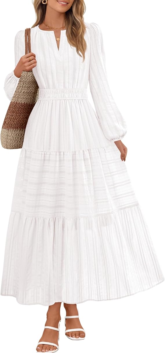 MEROKEETY Womens Fall Puff Long Sleeve Casual V Neck Modest Midi Maxi Dress