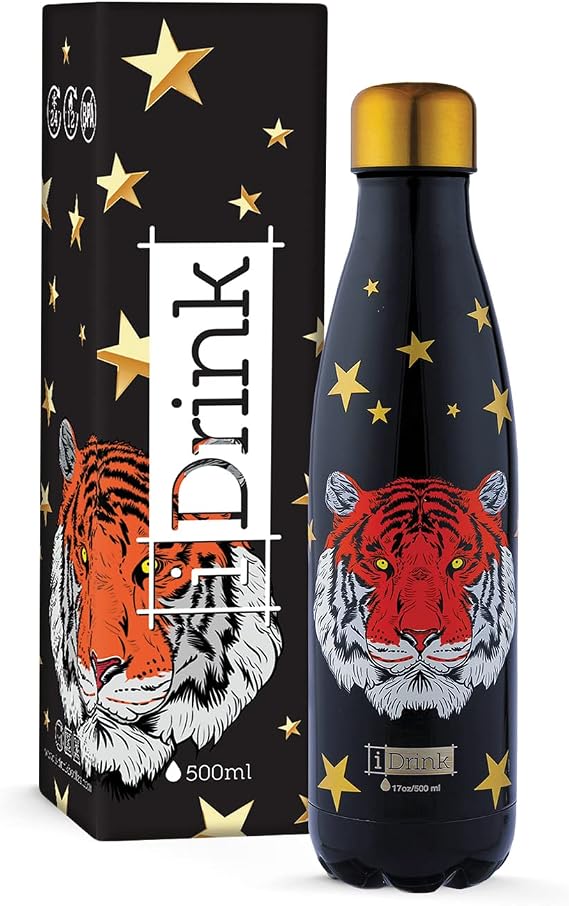 I-Drink Double Wall Steel Thermal Bottle 350/500/750/1.000 ML, Decorated (500 ML, Tiger)