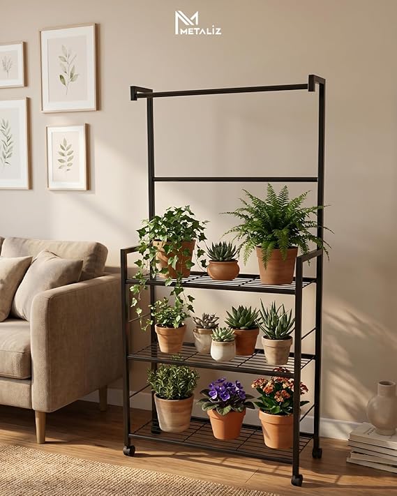 Tekerlekli Metal Saksı Standı ve Bitki Askılığı - 3 Raflı Portatif Çiçek Rafı Siyah