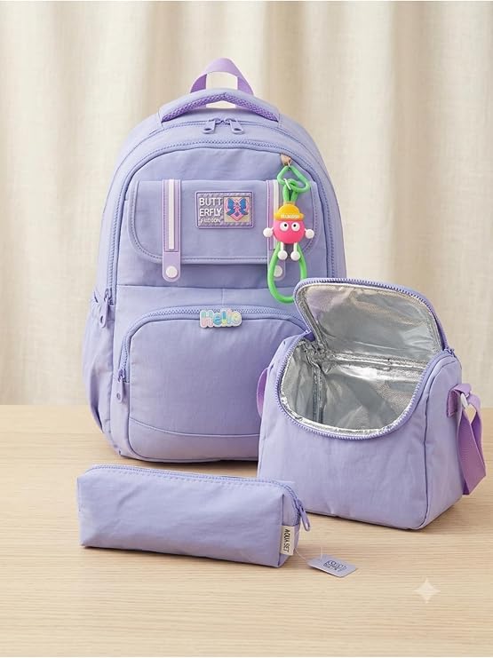 Butterfly Dört Bölmeli Ortopedik Okul Çanta Seti, Kalemlik ve Termos Beslenme Çantası, Lila