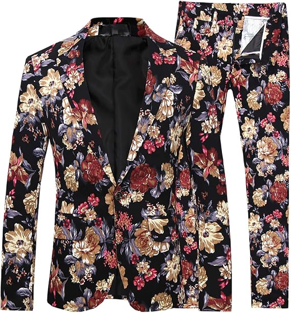 Cloudstyle Mens 2 Piece Suit Floral Printed Slim Fit Tweed