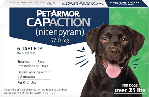 PetArmor CAPACTION (nitenpyram) Oral Flea Treatment for Dogs, Fast Acting Tablets Start Killing Fleas in 30 Minutes, Dogs Over 25 lbs, 6 Doses (Pack of 1) (Packaging May Vary) | Ideal for Dogs 25+ lbs; Oral Tablet, No Mess; 6 doses; Fast Flea Knockdown