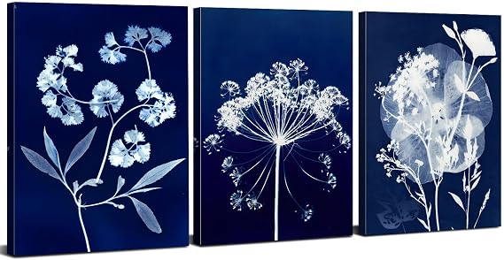White Flower Wall Art Minimalist Floral Wall Decor Abstract Navy Blue Botanical Canvas Pictures Farmhouse Wildflower Paintings Nature Artwork for Living Room Bedroom Bathroom Decorations 30x40cm 3Pcs