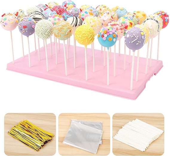 35-Hole Pink Cake Pop Stand with 100 Sticks, 100 Bags & 100 Gold Ties