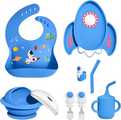 8 PCS Silicone Baby Feeding Set, Astronaut Theme, Spoons, Fork, Silicone Bibs, Baby Sippy Cups, Plate Bowl Set Baby Eating Essentials Led Weaning Toddler Blue