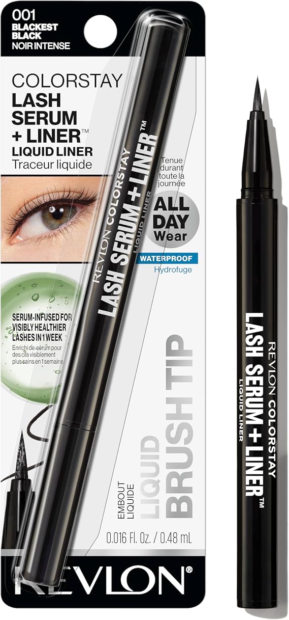 REVLON Color Stay Lash Serum + Liner, Waterproof Eyeliner, Healthier Looking Eyelashes, Stain Resistant Flexible Brush Tip, 001 Blackest Black