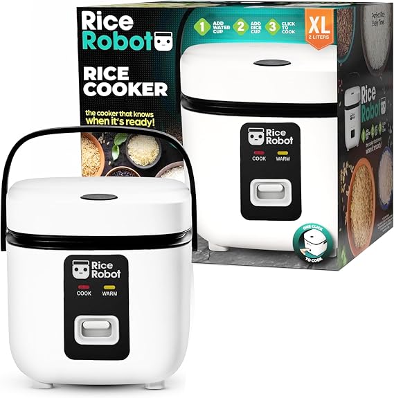 Rice Robot Rice Cooker Family Size 4 Cup Uncooked (8 Cups Cooked) Electric Rice Maker | PFAS-Free Ceramic Nonstick | Includes Stainless Steel Steamer Tray and Accessories | As Seen on TV