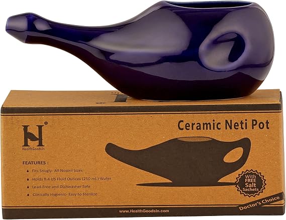 HealthGoodsIn Ceramic Neti Pot, Dishwasher Safe, for Nasal Cleansing + 5 Sachet Neti Salt, Without Handle (Voilet)