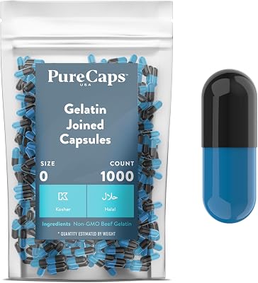 PurecapsUSA Empty Gelatin Pill Capsules Size 0 1,000 Joined Pills| BlackBlue| Non-GMO Certified | SLS, Gluten, Preservative Free
