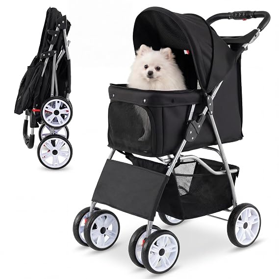 PETSITE 4 Wheels Pet Stroller, Foldable Dog Strollers for Small Dogs with Breathable Mesh, Waterproof Cover, Storage Basket, and Cup Holders, Ideal for Dogs Cats up to 33 lbs (Black)