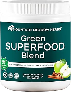 Mountain Meadow Herbs Green Superfood Blend Spirulina, Chlorella, Mushrooms, Probiotics, Digestive Enzymes, Antioxidants Organic Greens Powder for Energy & Gut Health 30 Servings