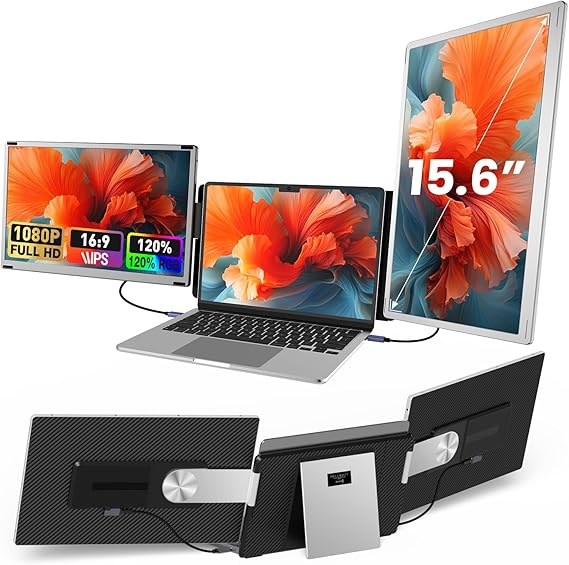 15.6" Laptop Screen Extender 1080P FHD Laptop Monitor Extender 120% sRGB 235° Rotation Removable Dual Monitor Plug and Play Triple Screen Compatible with Windows, Mac, Chrome