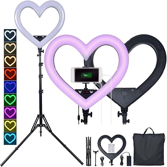 19" Selfie Ring Light with Tripod Stand, 19 Inch LED Heart-Shaped Ring Light, Stepless Dimmable/Speed LED Ring Light, Dimmable LED Ring Light for Makeup/Live Stream/Photography
