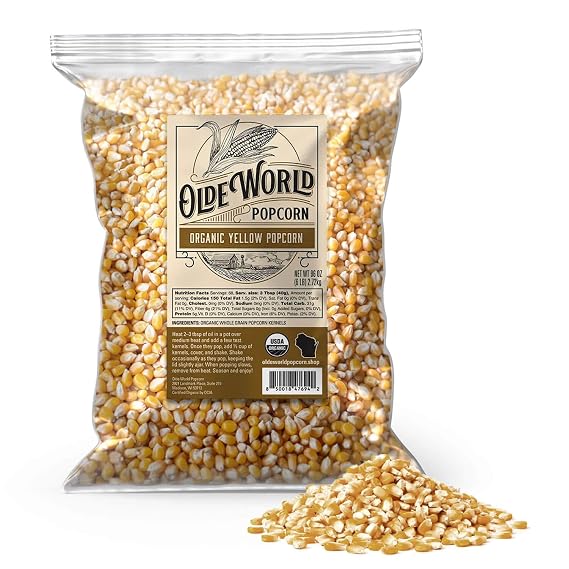 Organic Yellow Popcorn Kernels 6 lb Bag, Non-GMO, Sodium-Free, Pesticide-Free, Unsalted, Plant-Based, Sugar-Free, Old Fashioned Regenerative-Farmed Large Popcorn From Olde World Popcorn